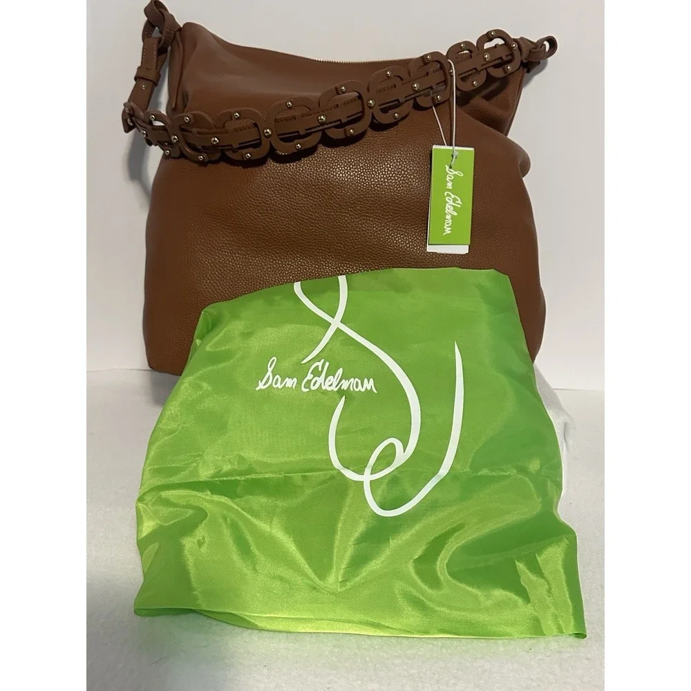 Sam Edelman Hobo Bag Bay Large Genuine Leather Chainlink Shoulder Caramel/Brown - Picture 4 of 13